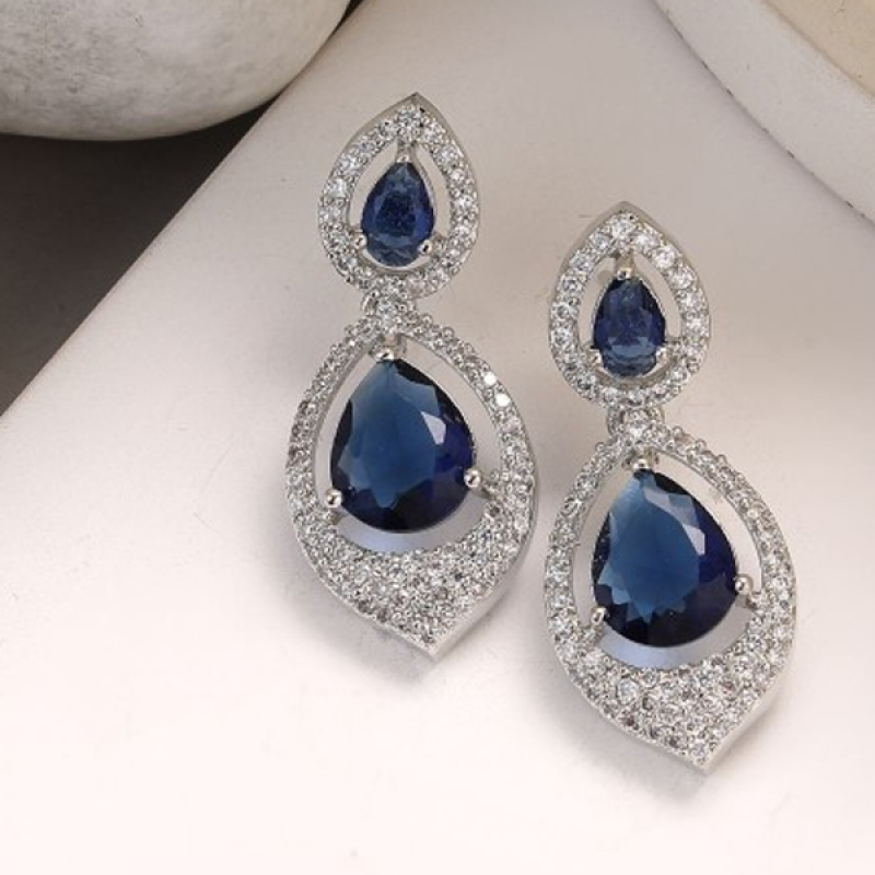 Rhodium-Plated Teardrop Shaped Diamond Drop Earrings